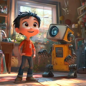 Cartoon Boy with His Robot Friend