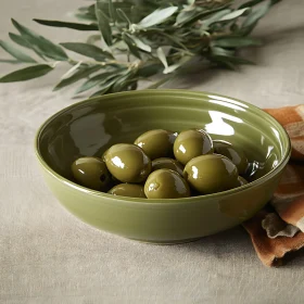 Ceramic Bowl of Green Olives with Leaves