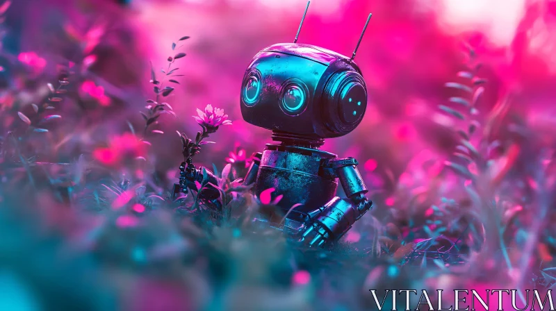 AI ART AI Robot with Flower in Pink Field