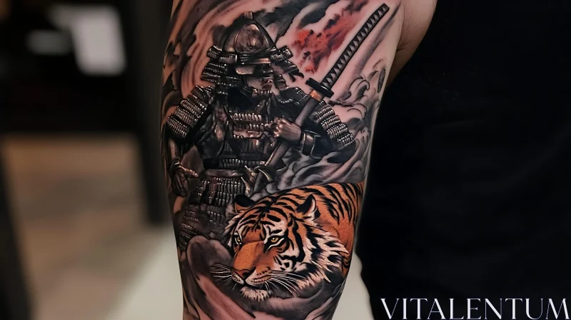 Samurai and Tiger Tattoo Art on Arm AI Image