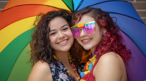 Two Smiling Women with Rainbow Umbrella
