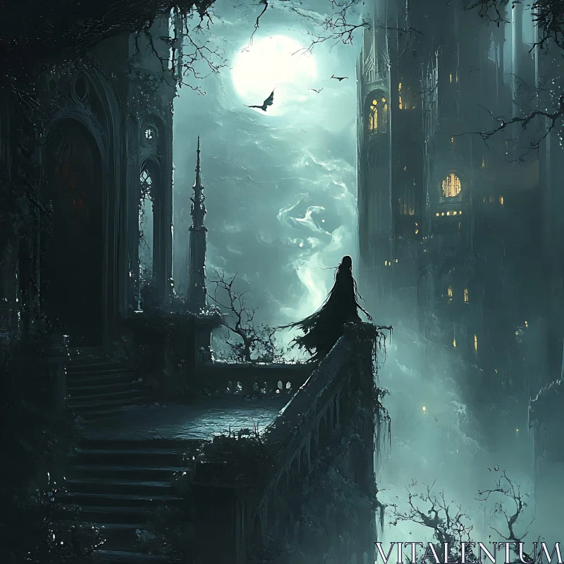 AI ART Moonlit Watcher: Gothic Cityscape