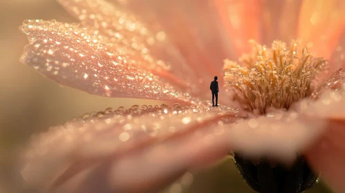 Tiny Figure on Dewy Flower Petal