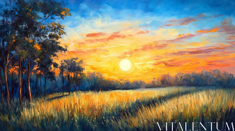 AI ART Oil Painting of Sunset Over Field