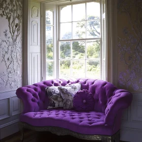 Plush Purple Sofa in Sunlit Room