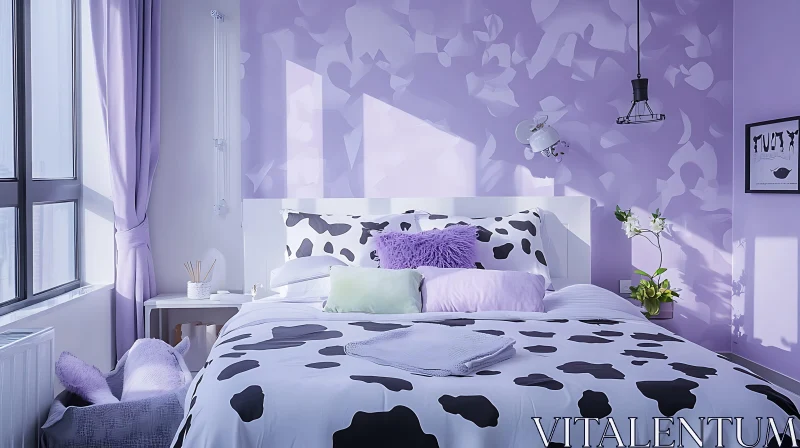 Serene Purple Bedroom with Cow Print Bedding AI Image