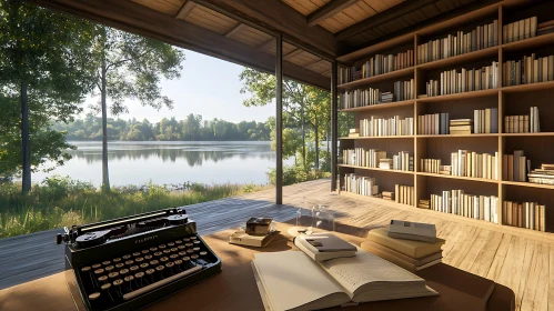 Serene Lakeside Study with Bookshelf