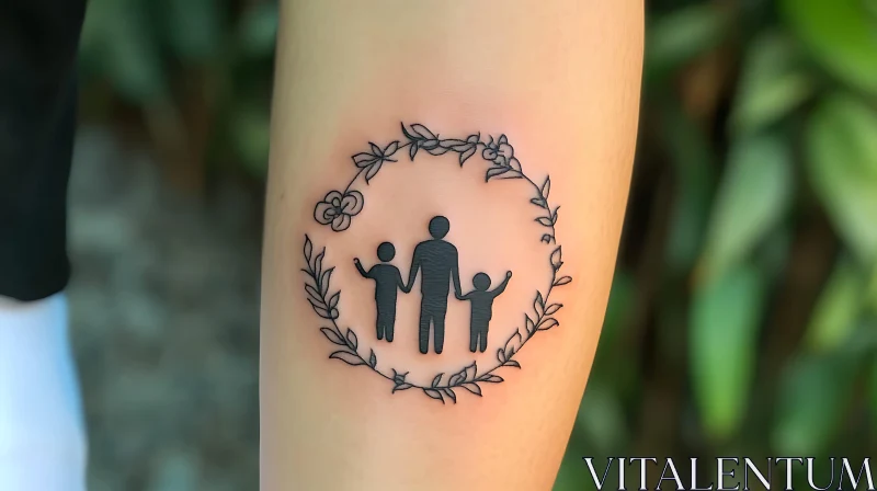 Elegant Family Silhouette Tattoo with Floral Wreath AI Image