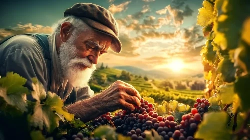 Farmer Inspecting Grapes at Sunset