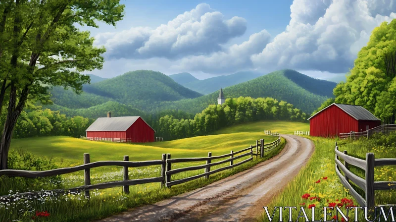 Scenic Farm Landscape with Rolling Hills AI Image