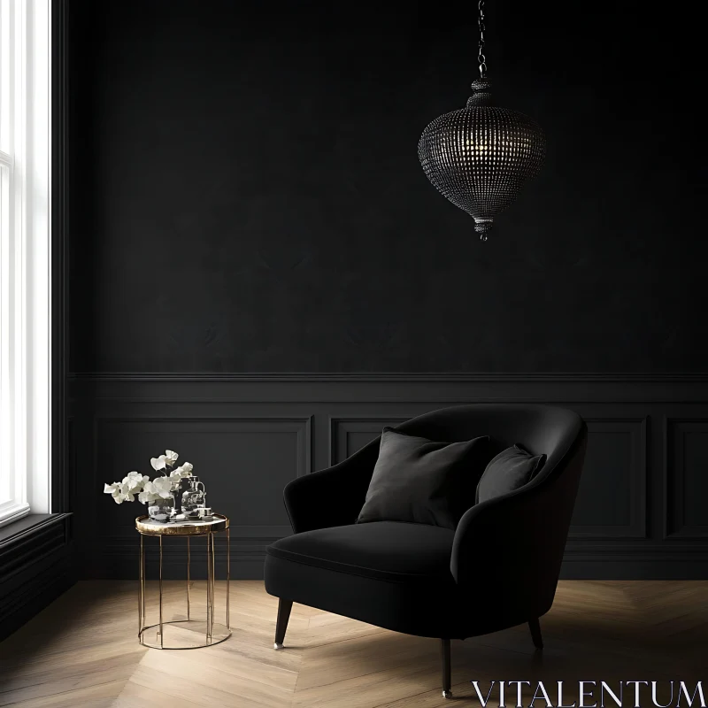 Dark Interior Design with Beaded Lamp AI Image