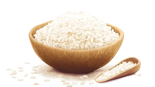 White Rice Grains in a Wooden Bowl and Scoop