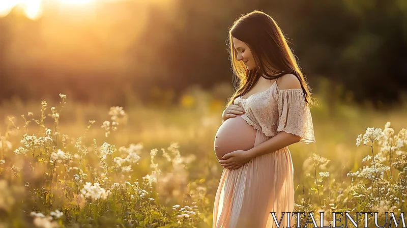 Pregnant Woman in Field at Sunset AI Image