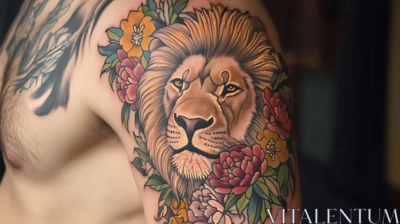 Vibrant Lion and Floral Arm Tattoo AI Image