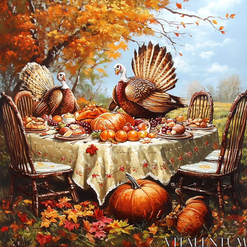 AI ART Autumnal Thanksgiving Feast with Turkeys