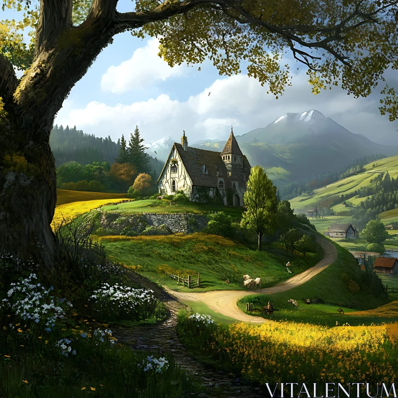 Idyllic Countryside Cottage Scene AI Image