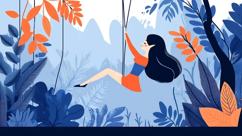 Woman on Swing in Blue Forest