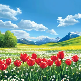 Scenic Tulips Field with Mountains