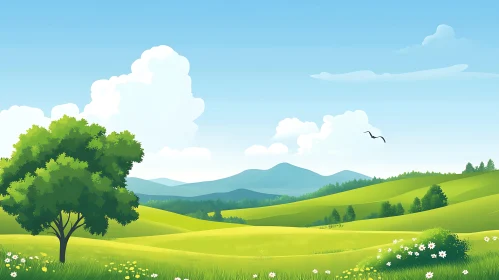 Picturesque Landscape with Green Hills and Clouds