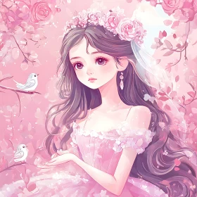Pink Anime Girl with Birds