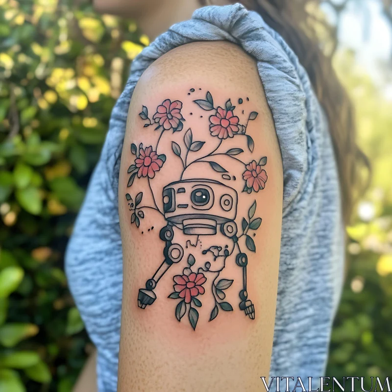 Whimsical Robot with Pink Flowers Tattoo AI Image