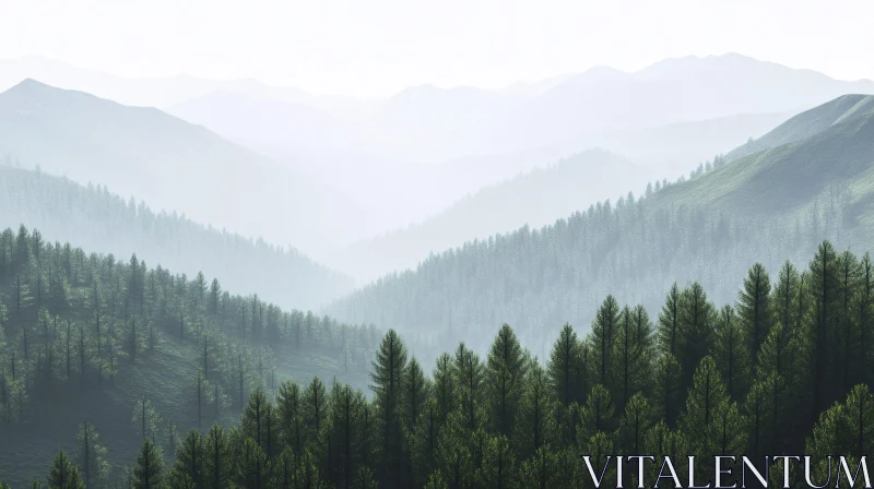 AI ART Tranquil Misty Forest with Mountain Layers