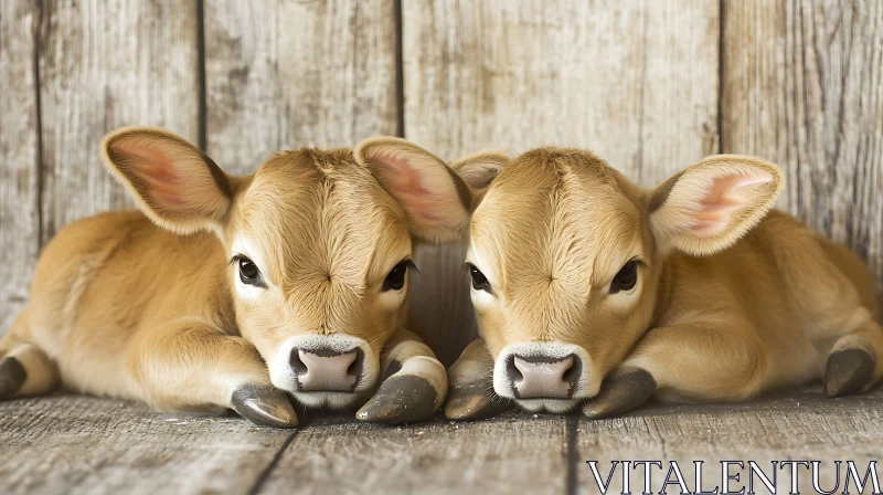 Resting Calves on Wooden Background AI Image