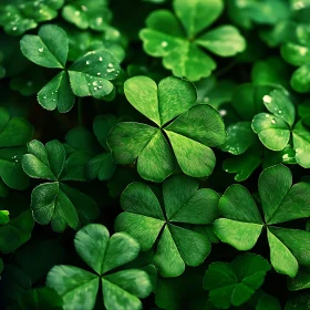 Close-Up of Dew-Covered Clovers with Four-Leaf Clover