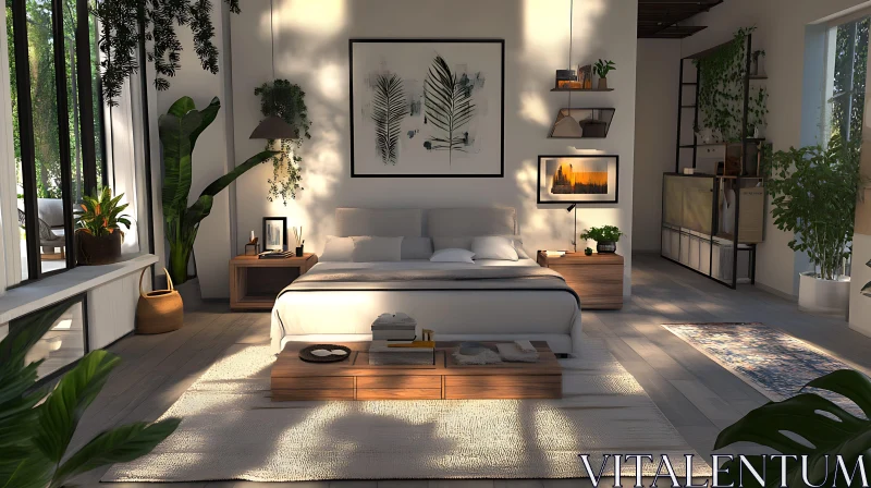 AI ART Sunlit Bedroom with Greenery and Minimalist Design