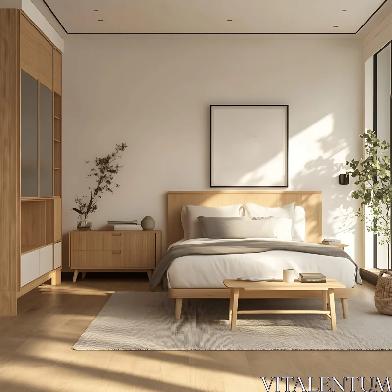 Serene Bedroom with Minimalist Design Elements AI Image