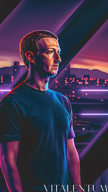 AI ART Neon Cityscape Portrait of Mark Zuckerberg