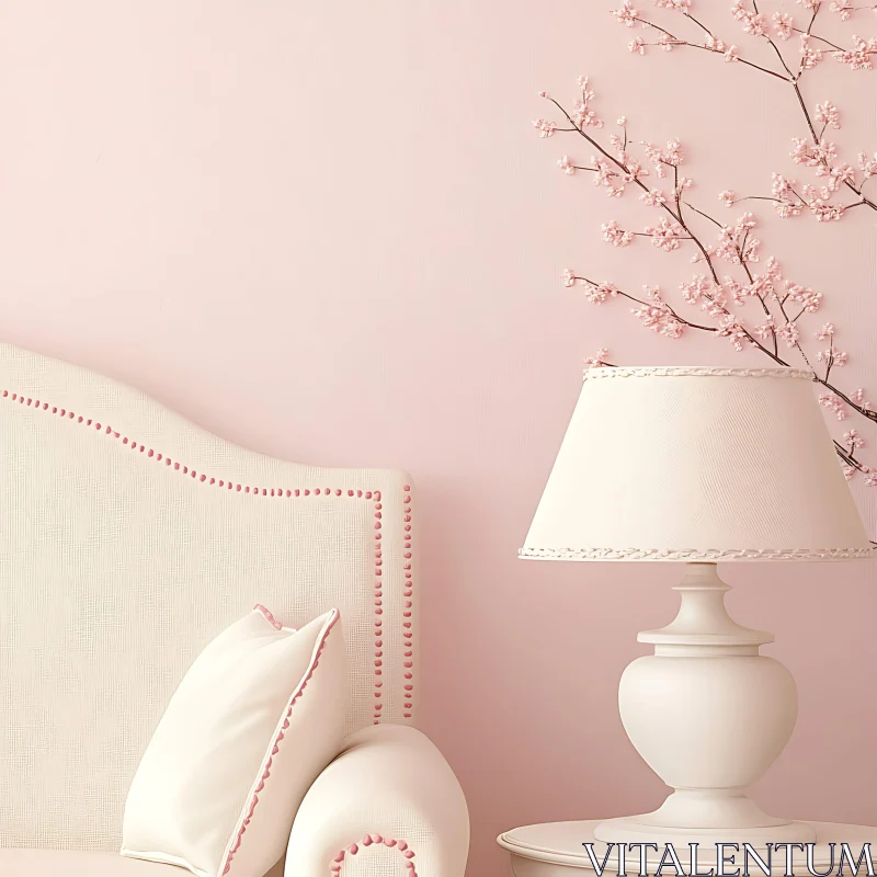 Soft Pink Room with Lamp and Flowers AI Image