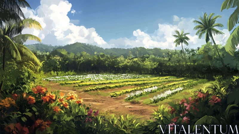 Lush Fields and Palm Trees AI Image