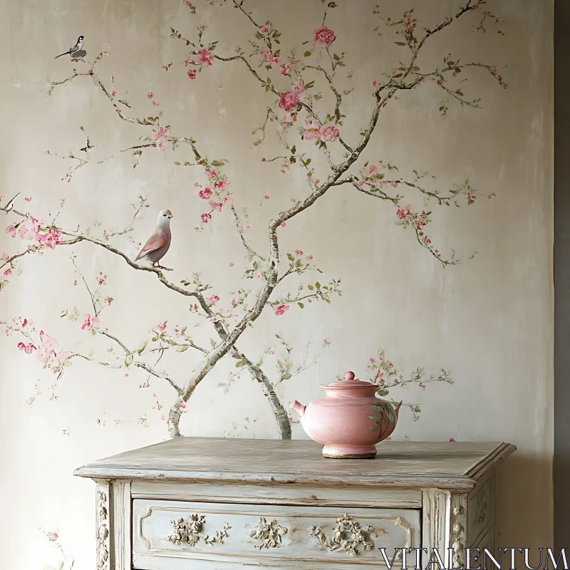 AI ART Blossom Branch Birds with Antique Dresser