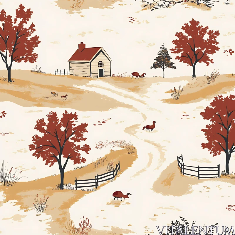 AI ART Vintage Rural Landscape with Animals