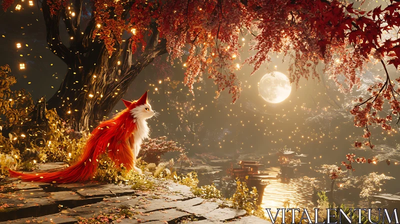 Fox in Autumnal Moonlit Landscape AI Image