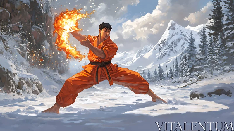 AI ART Man with Fire in Snowy Mountains