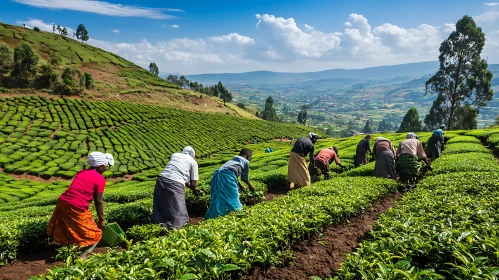 Lush Green Tea Fields and Workers