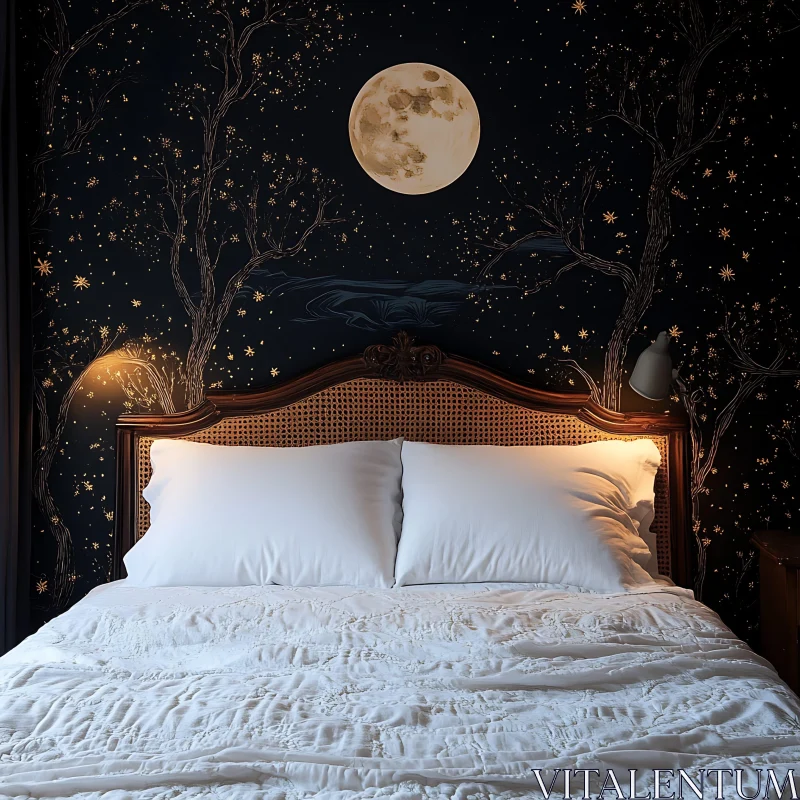 AI ART Dreamy Bedroom with Moonlit Wallpaper