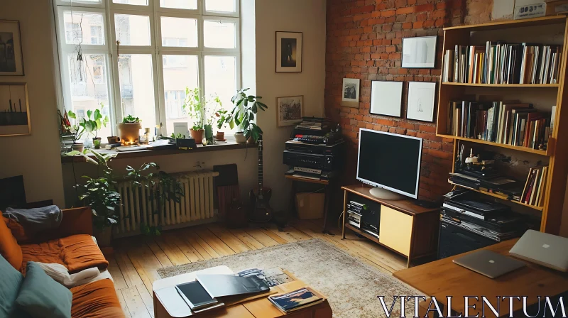 Comfortable Interior With Bookshelf and Plants AI Image