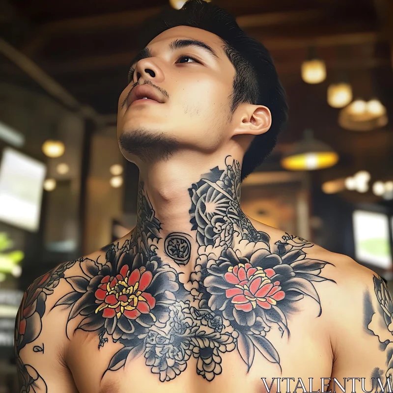 Floral Tattoos on Neck and Chest AI Image