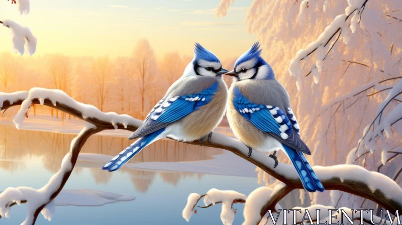 Enchanting Winter Scene: Blue Jays on a Frosty Branch AI Image