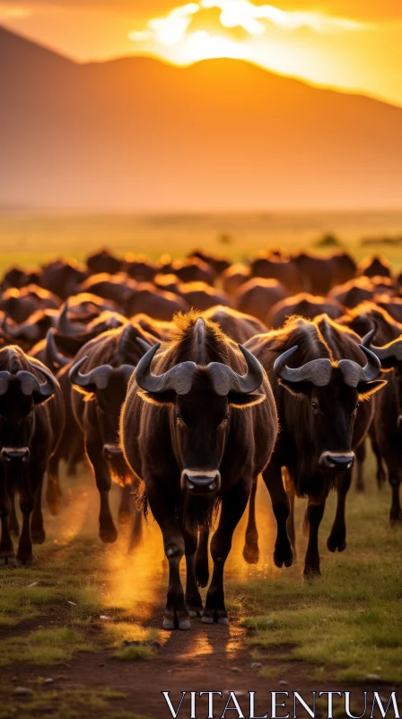 Water Buffalo Herd Walking in Sunset - Bold and Energetic Photobash AI Image