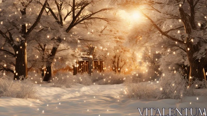 Winter Fantasy Forest Art - Golden Light Cabincore AI Image