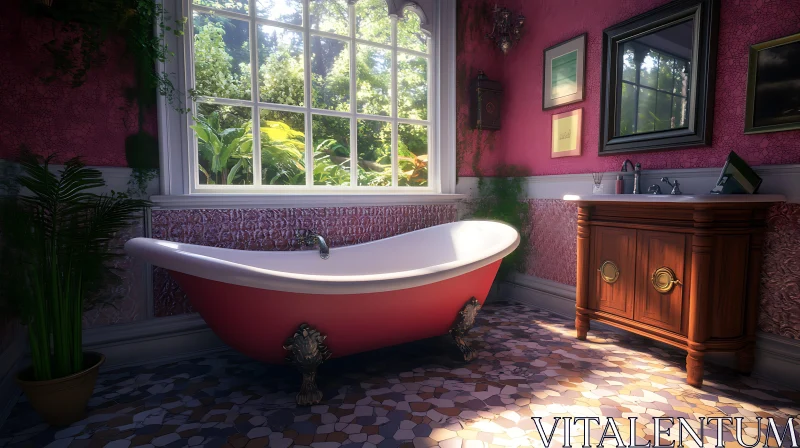 AI ART Red Bathtub in a Classic Bathroom