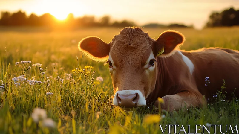 Peaceful Cow Portrait at Sunset AI Image