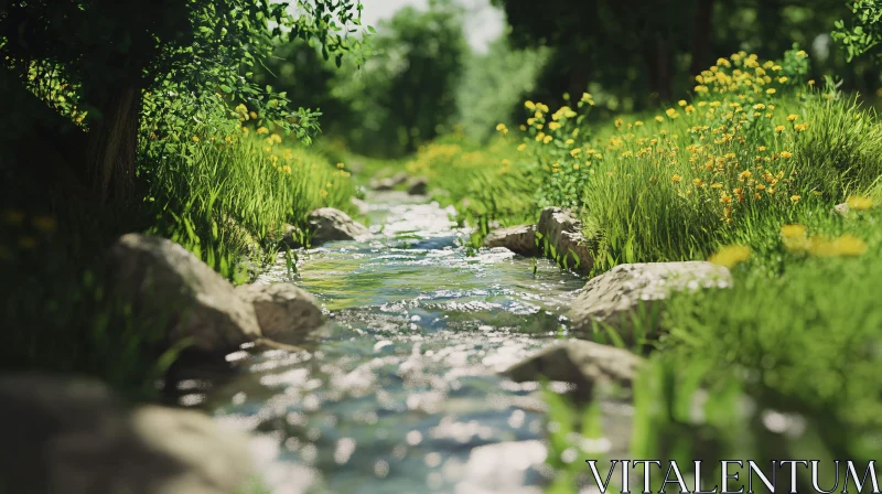 AI ART Tranquil Flowing Stream Among Blossoming Wildflowers