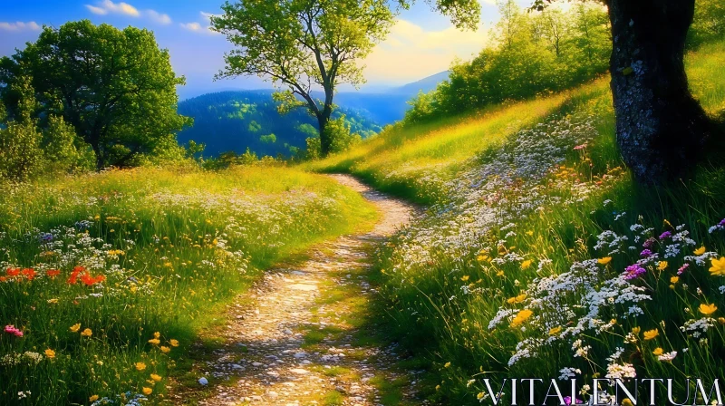 Sunlit Path Through a Flower Meadow AI Image