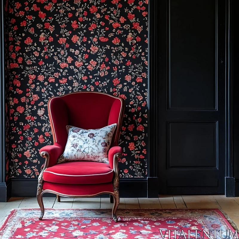 AI ART Vintage Room with Red Armchair and Flowers