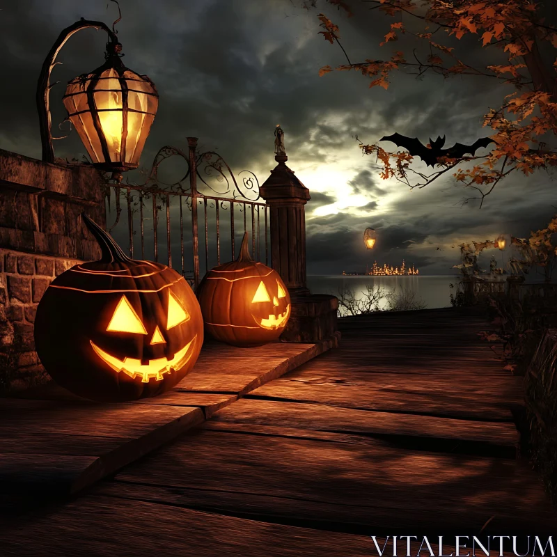 Spooky Halloween Night with Pumpkins AI Image